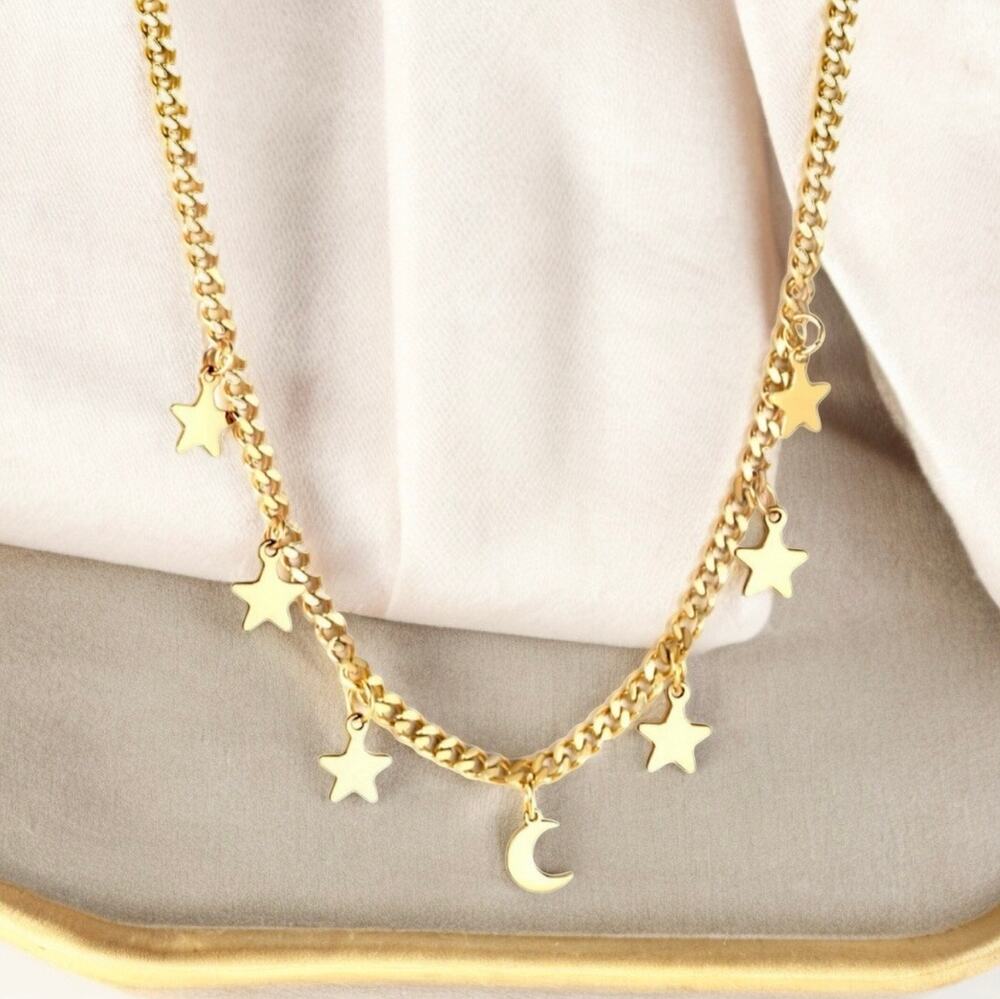 NEW 18K yellow gold plated Cuban chain boho star and moon necklace jewelry B28A